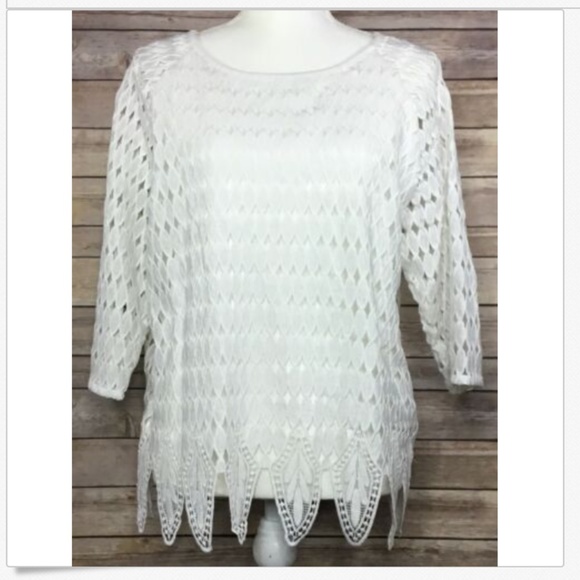 Joan Vass Tops - Joan Vass 3/4 Sleeve Lace Crochet Blouse White 1X